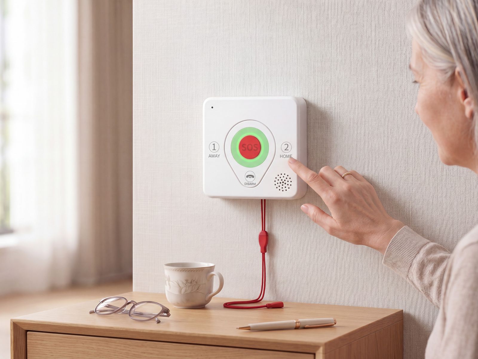 An elder pressing a key on the wall-mounted AI voice caller gateway
